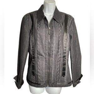 Lana Sport jacket size Large Black denim embroidered‎ stretch blazer jacket